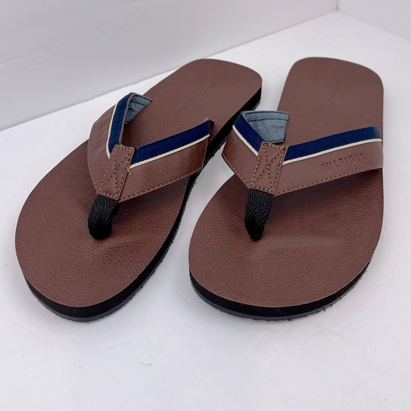 TOMMY HILFIGER MEN’S BROWN AND NAVY FLIP FLOPS, DRAKE-T STYLE, SIZE 9M - Picture 4 of 15